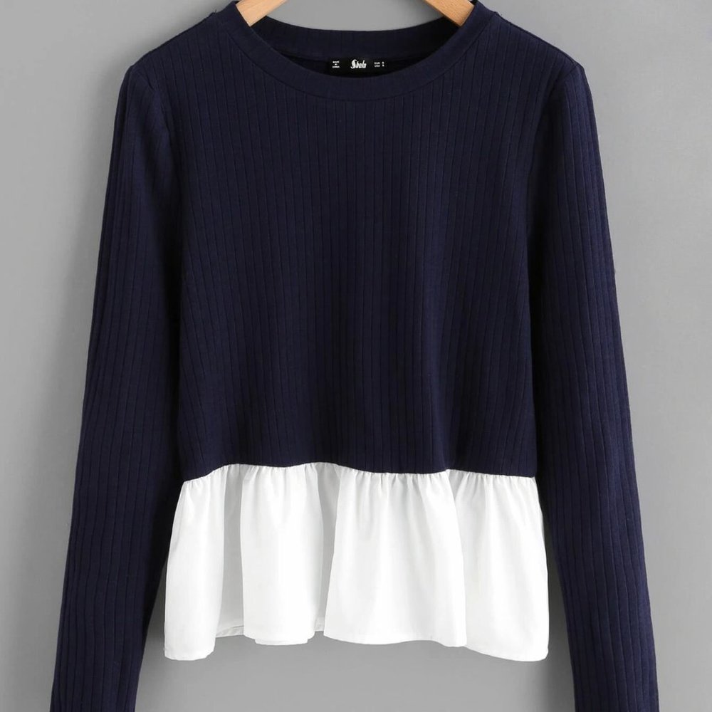 Contrast Ruffle Hem Rib Knit T-shirt NWOT